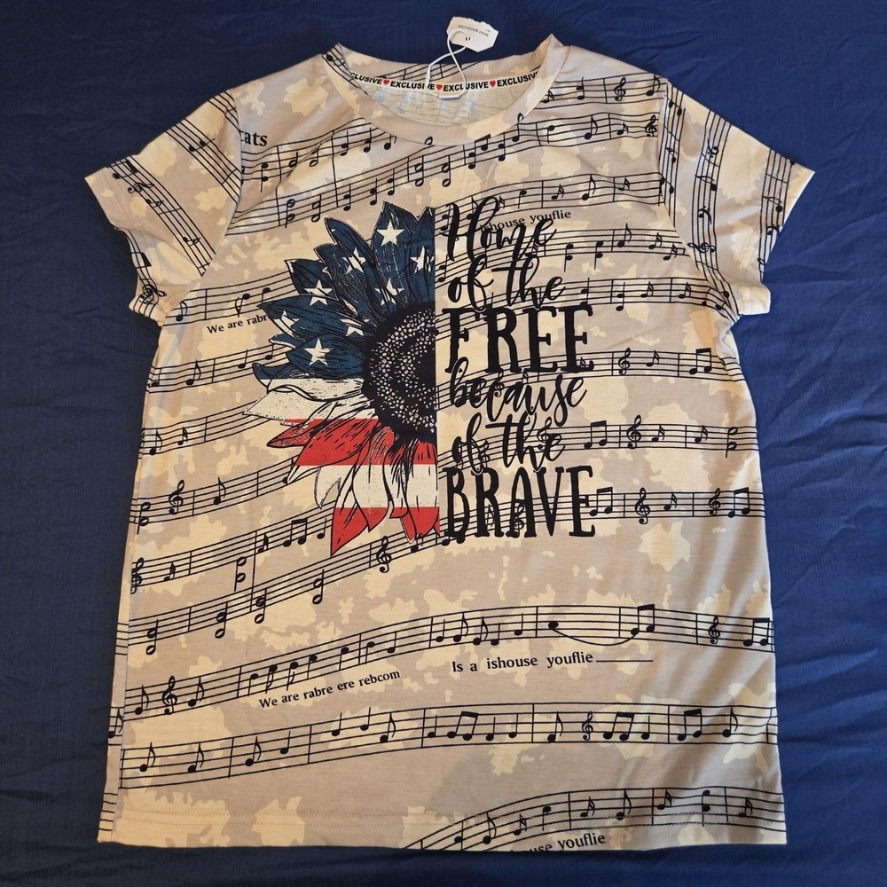 Exclusive Shirt Womens Medium Multicolor Camo Patriotic Music Graphic Tee USA